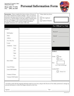 New Jersey Fire Safety Personal Information Form