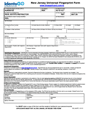 New Jersey Universal Fingerprint Form