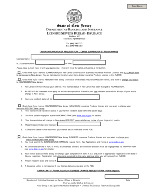 New Jersey Insurance Producer License Surrender/Status Change
