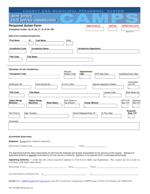 New Jersey Personnel Action Form