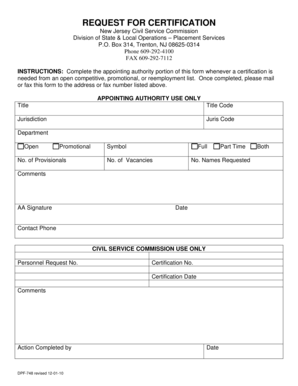 New Jersey Request for Certification