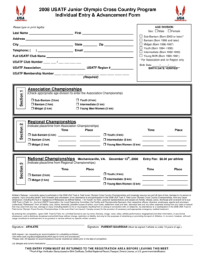 2008 USATF Junior Olympic Cross Country Program Individual Entry Form