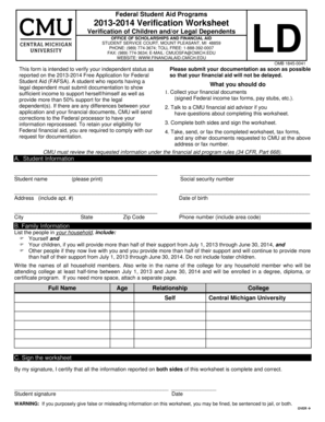 2013-2014 Verification Worksheet for Federal Student Aid