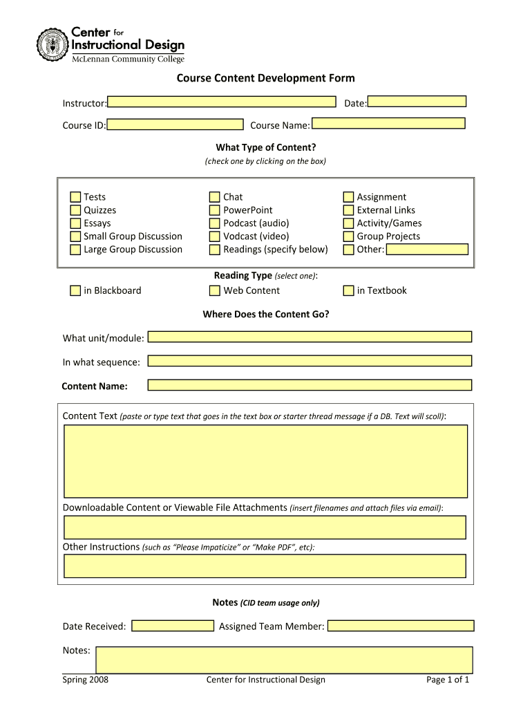 Fillable Online dl mclennan Course Content Development Form Fax Email ...