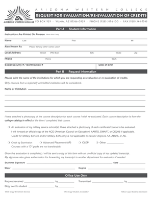 Arizona Western College Credit Evaluation Request