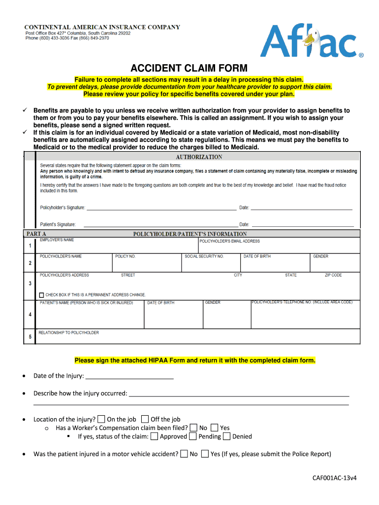 aflac accident claim form Preview on Page 1.