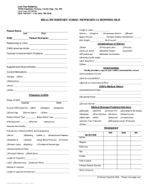 Health History Form for Newborn to 11 Months Old
