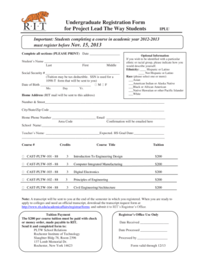 Undergraduate Registration Form for PLTW Students