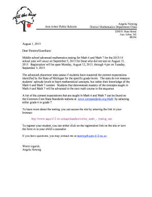 Middle School Advanced Mathematics Testing Registration Form