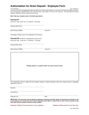 Authorization for Direct Deposit - Employee Form