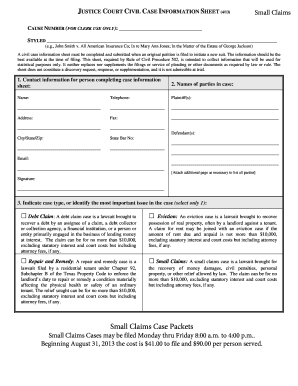 Texas Small Claims Case Information Sheet