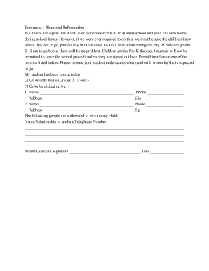 Emergency Dismissal Information Form