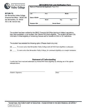 2014-2015 Pell Limit Notification Form