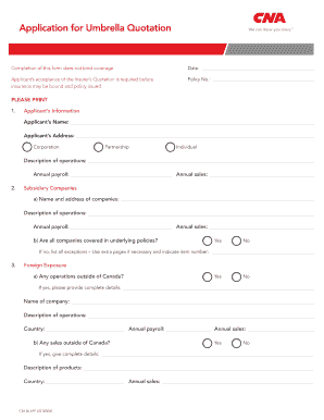 Application for Umbrella Quotation