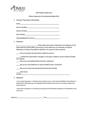 DVA Federal Credit Union Unauthorized Debit Statement