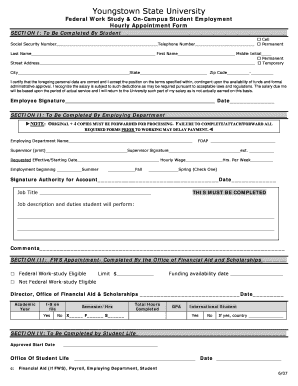Youngstown State University Federal Work Study Appointment Form
