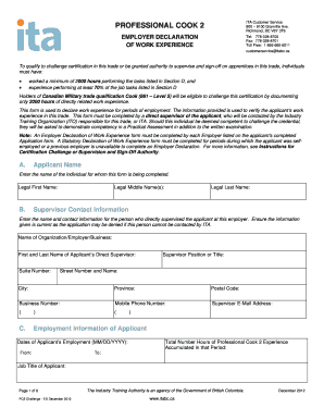 Employer Declaration of Work Experience for Professional Cook 2 Certification