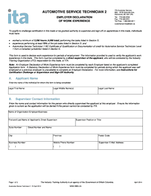 Automotive Service Technician 2 Employer Declaration Form