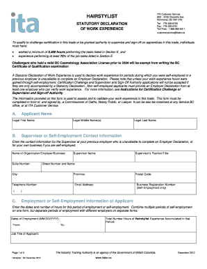Statutory Declaration of Work Experience for Hairstylist
