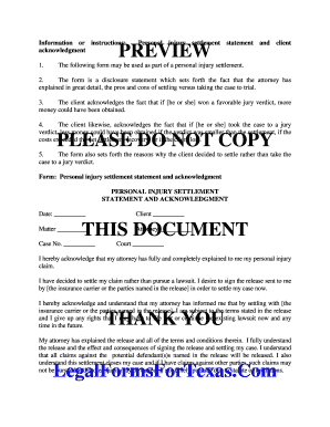 Personal Injury Settlement Statement and Client Acknowledgment