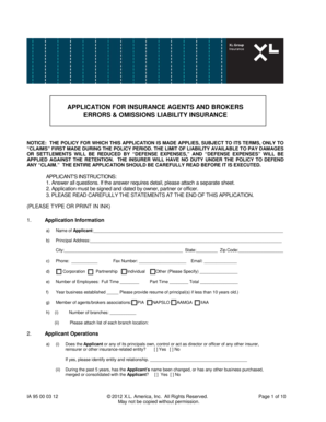 Application for Insurance Agents and Brokers Errors & Omissions Liability Insurance