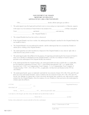 GOVERNMENT OF ISRAEL MINISTRY OF FINANCE AFFIDAVIT OF LOSS