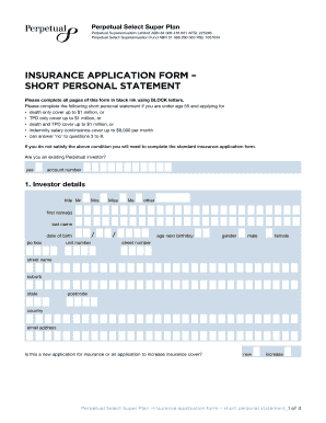 Perpetual Select Super Plan Insurance Application