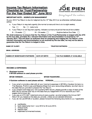 Income Tax Return Checklist for Trust/Partnership