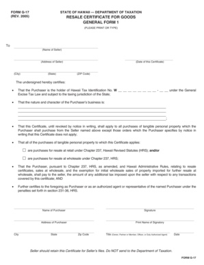 Hawaii Resale Certificate Form G-17