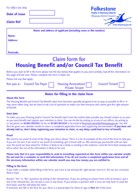 For Office Use Only Date of issue Claim Ref Name and address of applicant (including room or flat number) Name: Address: Postcode: Claim form for Housing Benefit and/or Council Tax Benefit Before you start to fill in the form please tick -