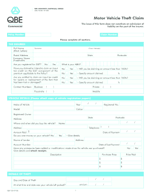 Motor Vehicle Theft Claim Form