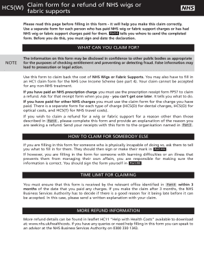 HC5(W) Claim form for a refund of NHS wigs or NHS