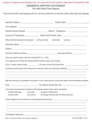 VISA Debit Card Dispute Form