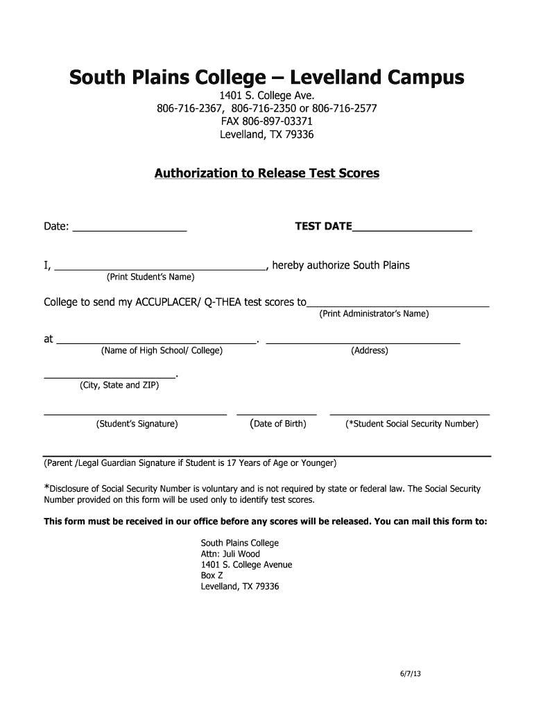Fillable Online southplainscollege 2013 ACCUPLACER Test Score Release