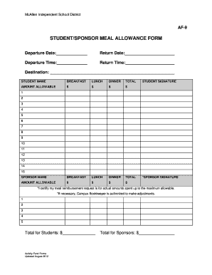 AF-9 Student Sponsor Meal Allowance Form - McAllen Independent ...