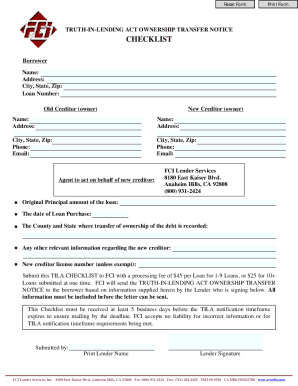 Truth-in-Lending Act Ownership Transfer Notice Checklist