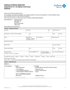 Employee Enrollment Application for Anthem Blue Cross