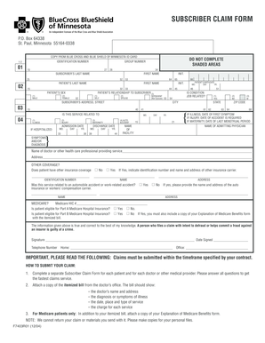 Blue Cross and Blue Shield of Minnesota Subscriber Claim Form