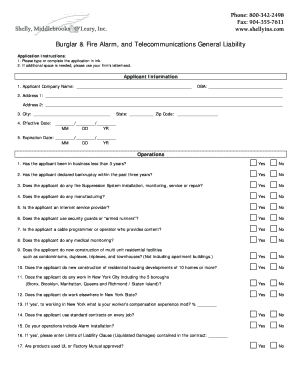 Burglar & Fire Alarm General Liability Application
