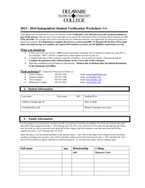 2013-2014 Independent Student Verification Worksheet