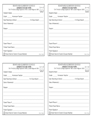Beaver Area Elementary Schools Absence Excuse Form