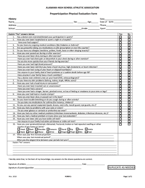 Alabama High School Athletic Association Preparticipation Physical Evaluation Form