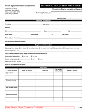 Power Systems Electric Corporation Electrical Employment Application