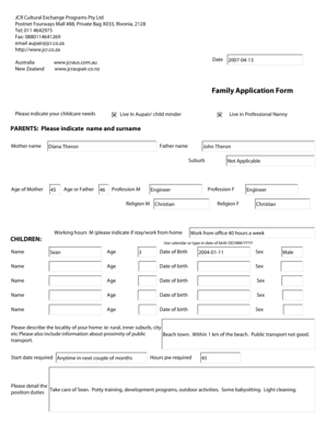 Family Application Form for Au Pair/Childminder