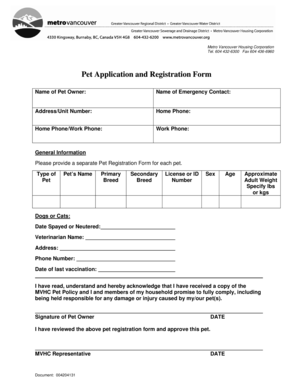 Metro Vancouver Housing Corporation Pet Application and Registration Form