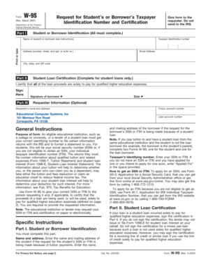 Form W-9S Request for Student's or Borrower's Taxpayer Identification Number