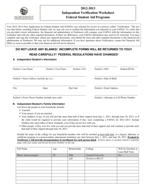 2012-2013 Independent Verification Worksheet Federal Student Aid Programs Your 2012 2013 Free Application for Federal Student Aid (FAFSA) was selected for review in a process called Verification - northwestms