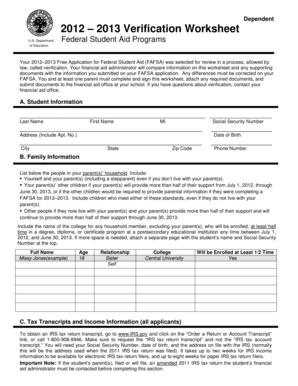 2012-2013 FAFSA Verification Worksheet