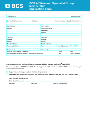 BCS Affiliate and Specialist Group Membership Application Form