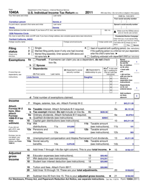 2011 Form 1040A US Individual Income Tax Return